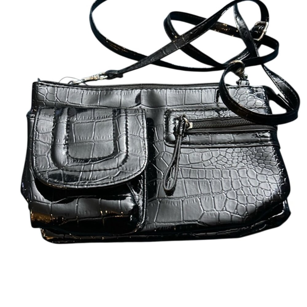 George Shiny Black Crocodile-Embossed with multiple compartments